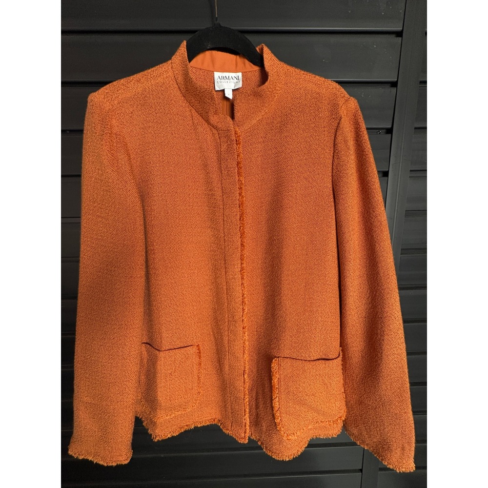 Armani Collezioni Burnt Orange Textured Fringe Knit Jacket Mock Neck Size 4